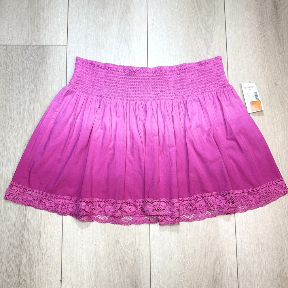 Y2K Fashion Bug Skirt Womens XL Pink Ombre Lace Hem Smocked Waist Boho Coquette
